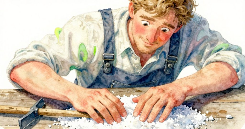 費徹的手輕觸鹽皮,樹枝工具旁金屬碎片顯現,動作細膩且專注