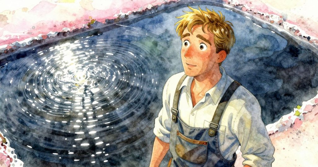 從高處觀察,鹽池光芒閃爍,費徹在眺望及細讀工作成果,柔和光線呈現早晨氣息