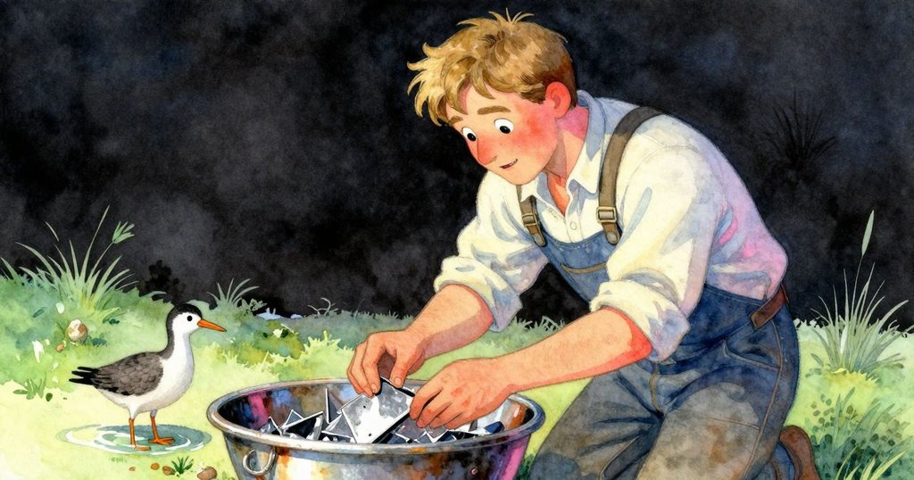 費徹和善地搬移金屬碎片,旁邊有水鳥靜靜相伴,整個鹽池恢復平靜,氛圍溫柔