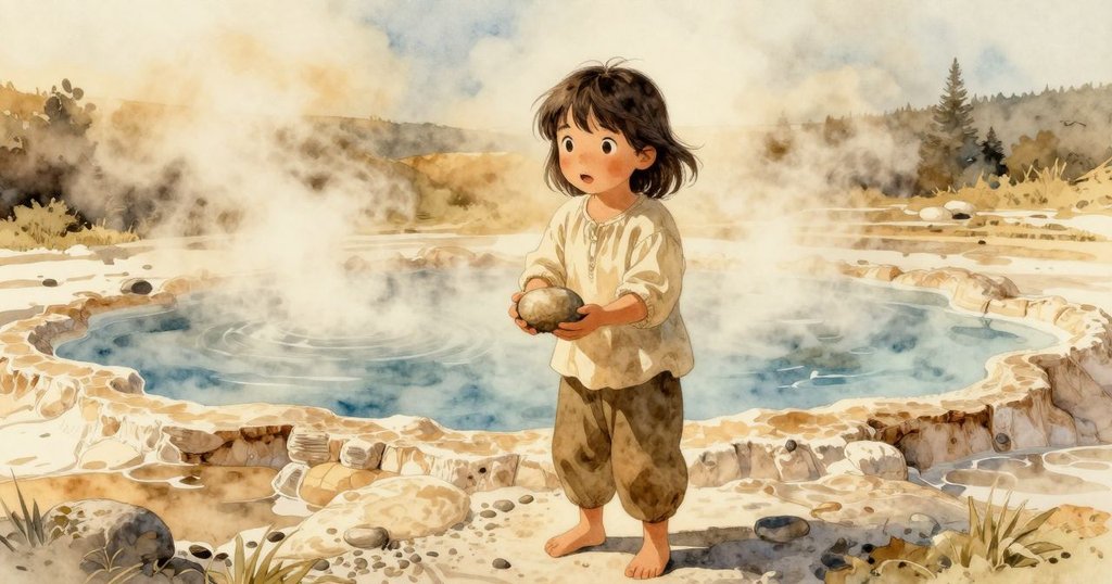 Bethan站在石灰華平台上小心捧著溫暖的石子，蒸汽與光影交織，展現靜謐神奇的場景