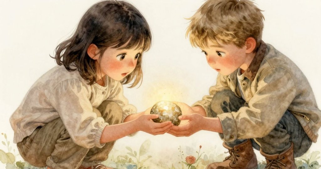 Bethan的手緩緩托著一塊溫暖發光的小石子，細節豐富，背景隱約見石灰華紋理與輕柔蒸汽