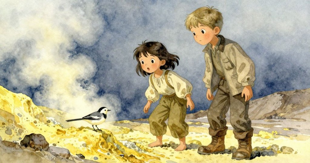 一隻小鳥從低角度展現其動作，正落在明亮的硫黃色地層上，蒸汽環繞間充滿好奇