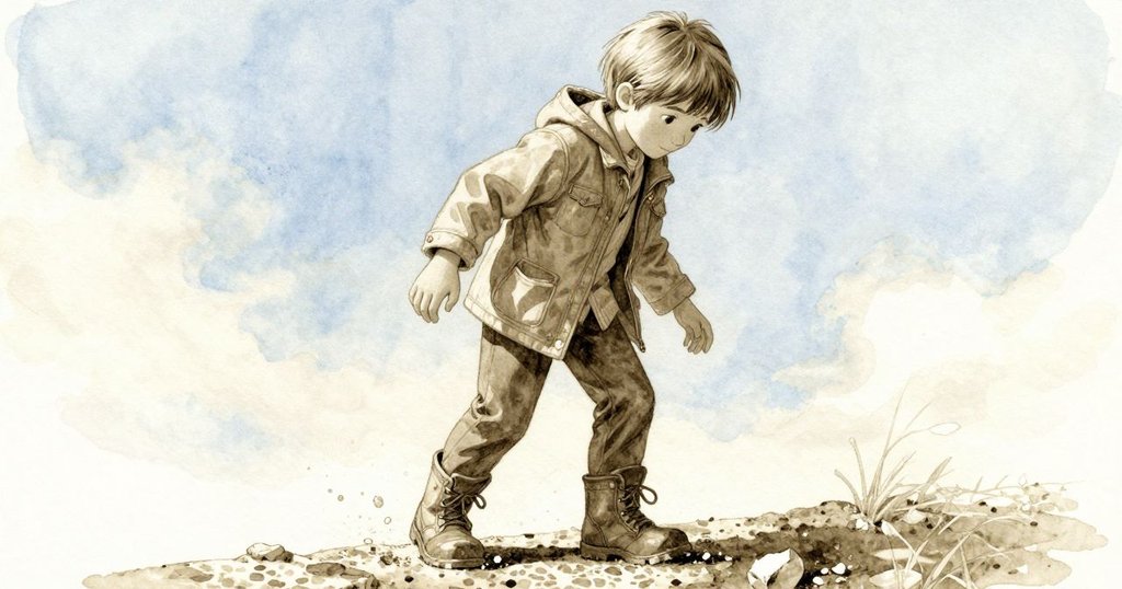 Beckett踏上石灰華石板，靜靜感受晶體碎屑在靴下破碎，背景中小鳥輕盈飛舞，充滿和諧氣息