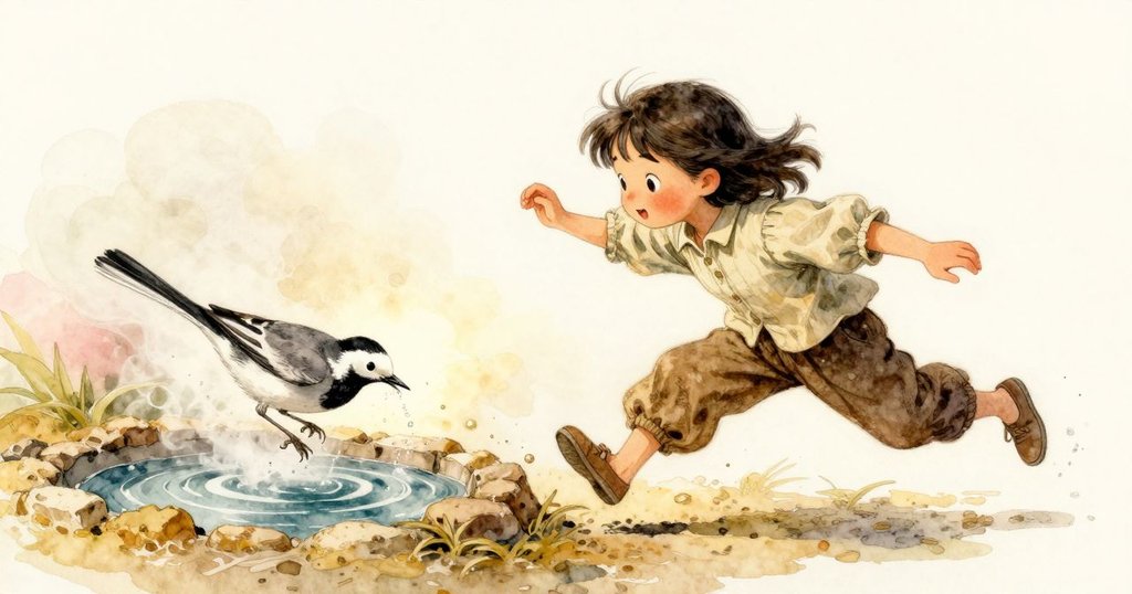 小鳥定格在躍向蒸氣噴口的瞬間，輕輕蘸水，Bethan在上方凝視，動靜皆美的戲劇性場景