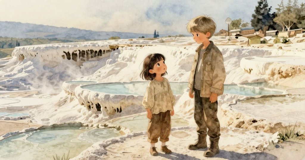 Bethan與Beckett並肩站在廣闊的石灰華平臺，溫暖夕陽與輕柔蒸氣交織出大自然靜謐對話的景象