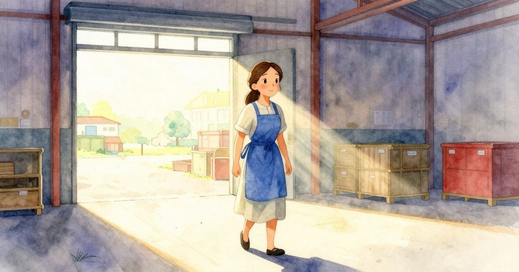 Freya 積極踏入倉庫入口，高門洞透出晨光，灰塵飛舞，表情堅定，展現故事開端的活力