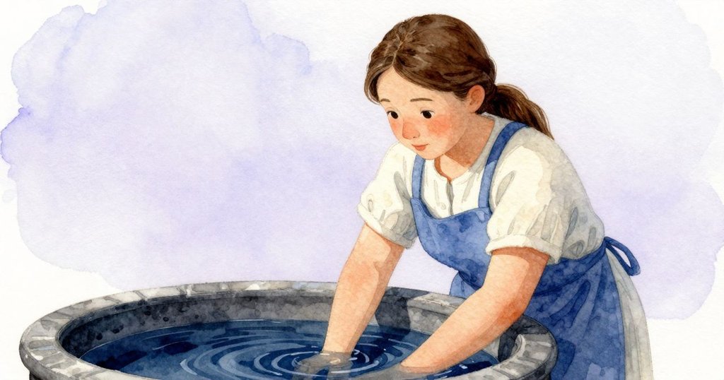 從麻雀視角近拍，見藍色缸邊漣漪輕揚，布料濕潤律動，故事進入細膩觀察階段