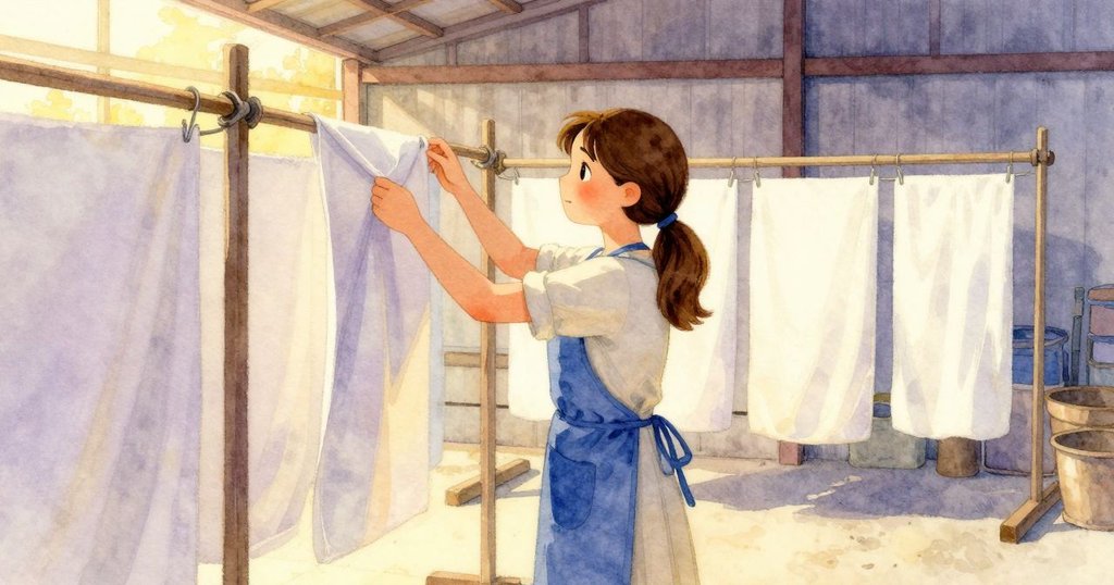 Freya 透過側門走出倉庫，落日餘暉映照下晾曬布料，環境由室內轉向溫柔戶外，情境靜謐