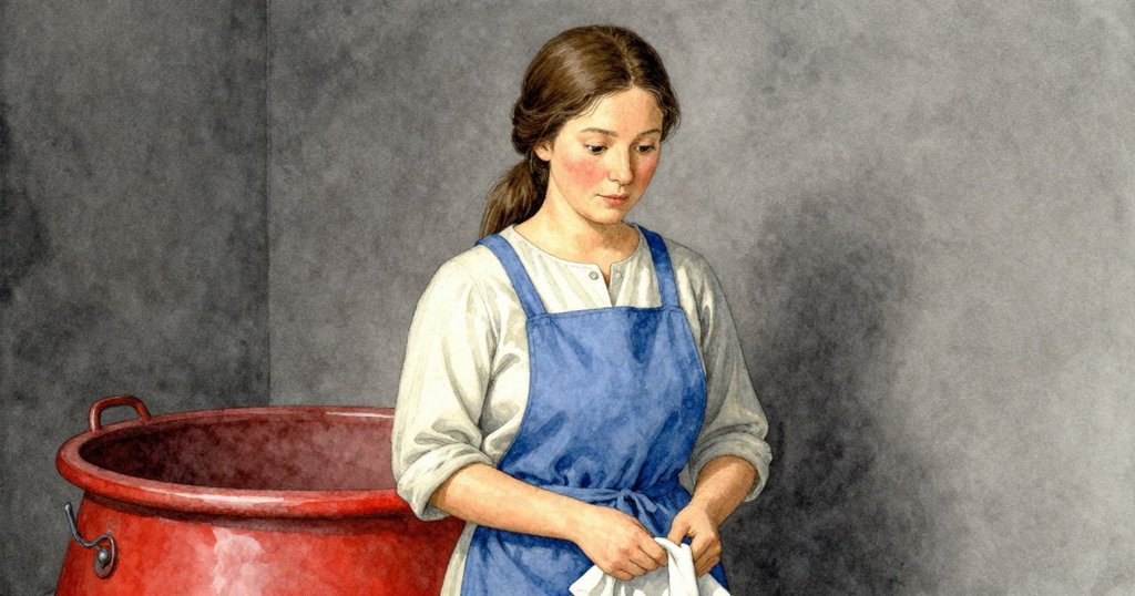 Freya 面帶沉思停頓，手握未染布料凝視藍缸，情緒矛盾流露，呈現故事轉捩點的內心抉擇