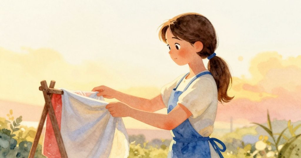 Freya 在黃金時刻將最後一塊布輕掛於布架上，麻雀歸來靜觀，夕陽暖光灑滿，故事邁向溫柔結局