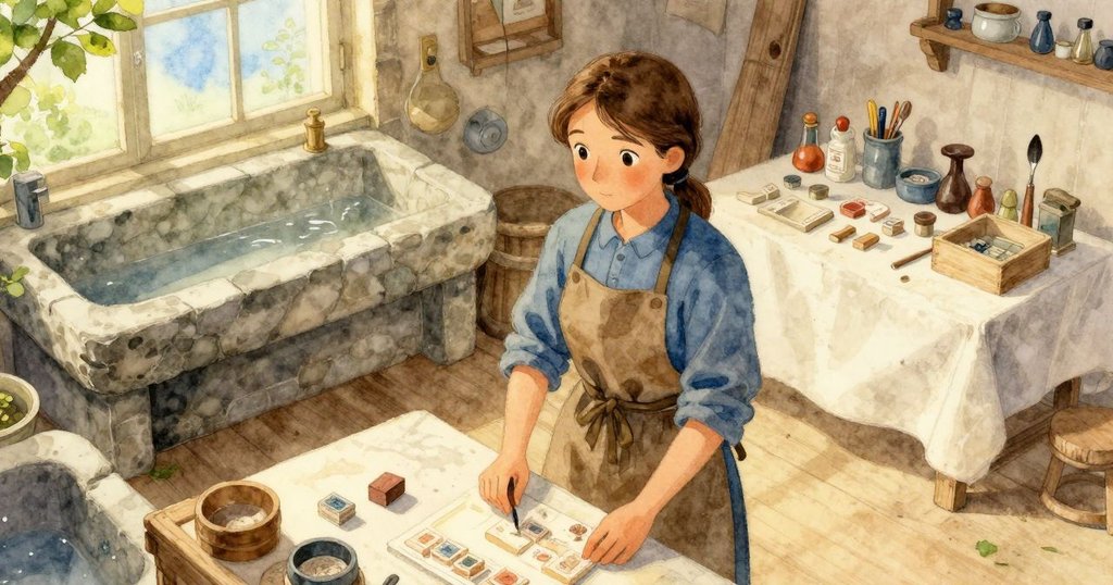 Zadie在工作室中忙碌，俯瞰視角展現整個工作環境，工具和布料排列整齊，充滿溫暖光線