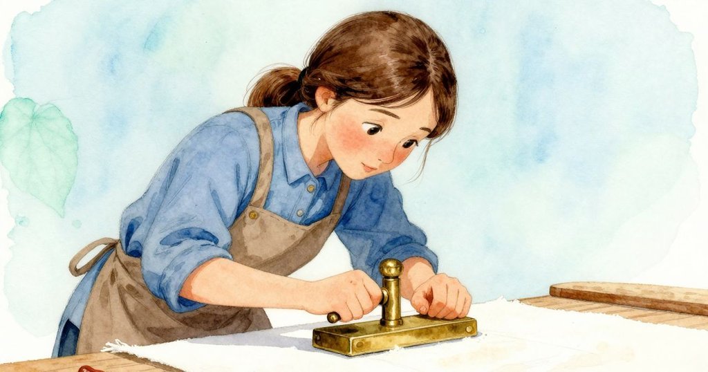 Zadie的手正用拋光古銅色日晷模塊壓印棉布，清晰展現蠟層光澤與布料質感