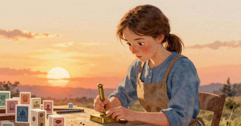 高角度俯視Zadie專注使用古銅方塊在棉布上，背景中印章整齊排列，流露出夕陽溫暖光線