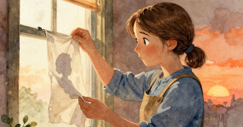 Zadie溫柔凝視乾燥的布料上浮現的剪影，她的面容流露出敬畏與平靜，工作室內柔和燈光中展現告別情懷