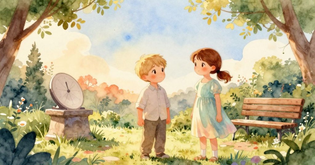 Maddox站在古老日晷旁觀察花園，Rhea坐於長椅上，晨光溫暖映照，氛圍寧靜而充滿希望