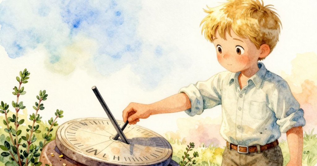 Maddox細心觸摸日晷上微細裂痕，背景有香草點綴，展現石材歷史感與溫柔好奇