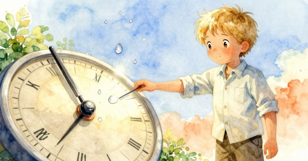 Maddox注視日晷上水滴形成的閃亮水紋，光線流轉展現神秘石面細節