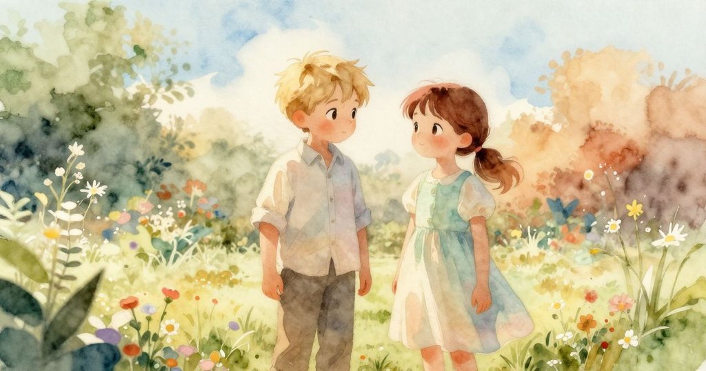 在柔和記憶色調中，Maddox與Rhea於花園與日晷旁靜思，色彩溫柔帶出過往恬靜早晨