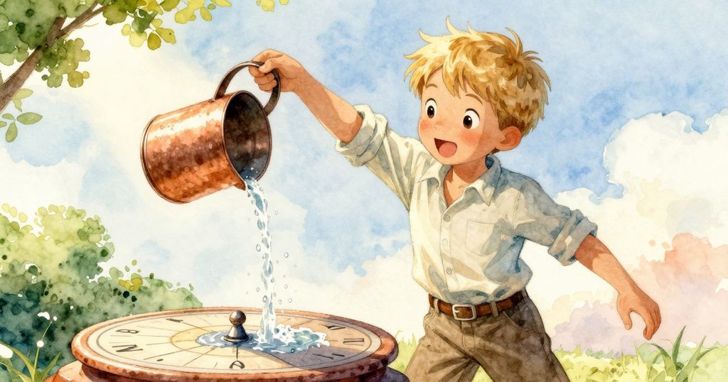 Maddox充滿活力地從銅水壺倒水於日晷上，水流猶如銀絲在石面上舞動，動感十足