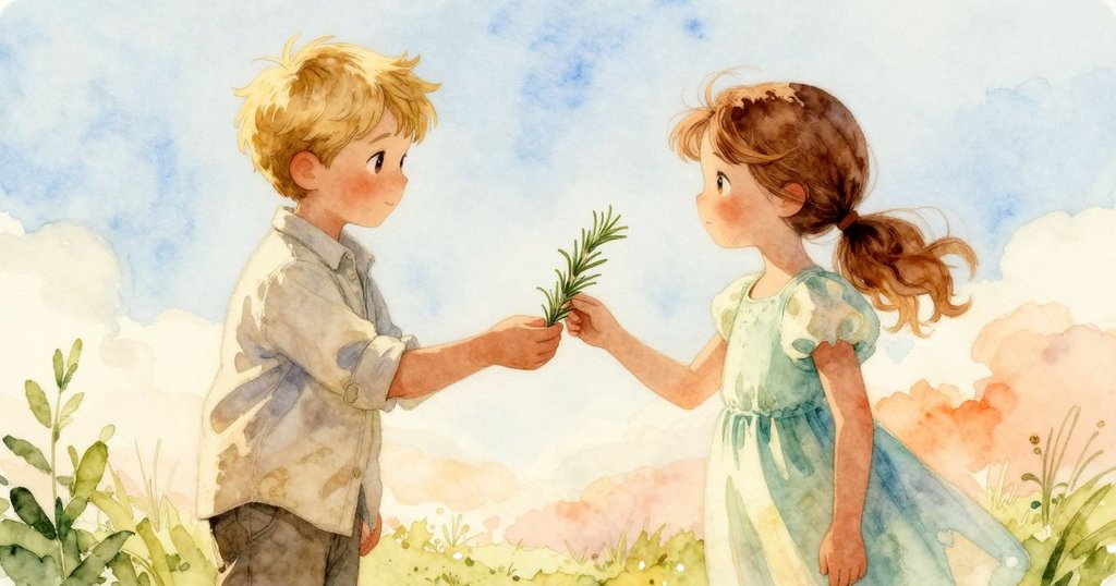 Rhea溫柔遞送迷迭香給Maddox，兩人於日晷旁互動充滿關愛，背景花園溫馨柔和