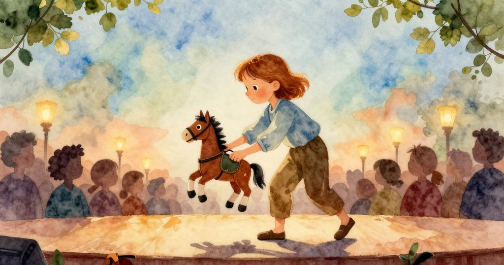 諾拉在舞台上操控皮馬，觀眾剪影出現在背景中，燈光柔和，展現開始表演的神秘與期待