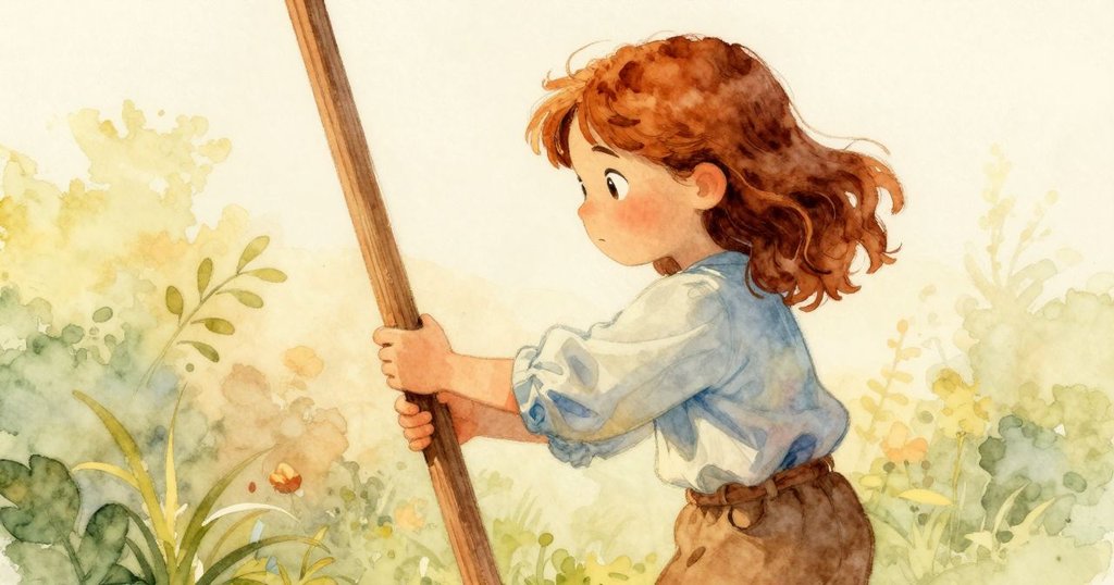 從諾拉肩後視角看見她雙手調整皮馬與竹桿裝置，背景充滿溫暖柔和的後台燈光與細節