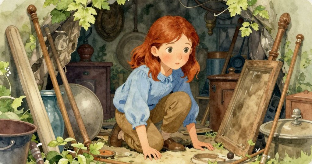 諾拉蹲在隱密後台中，用竹延長棒調整裝置，周遭陳列著復古舞台道具，燈光低調而神秘