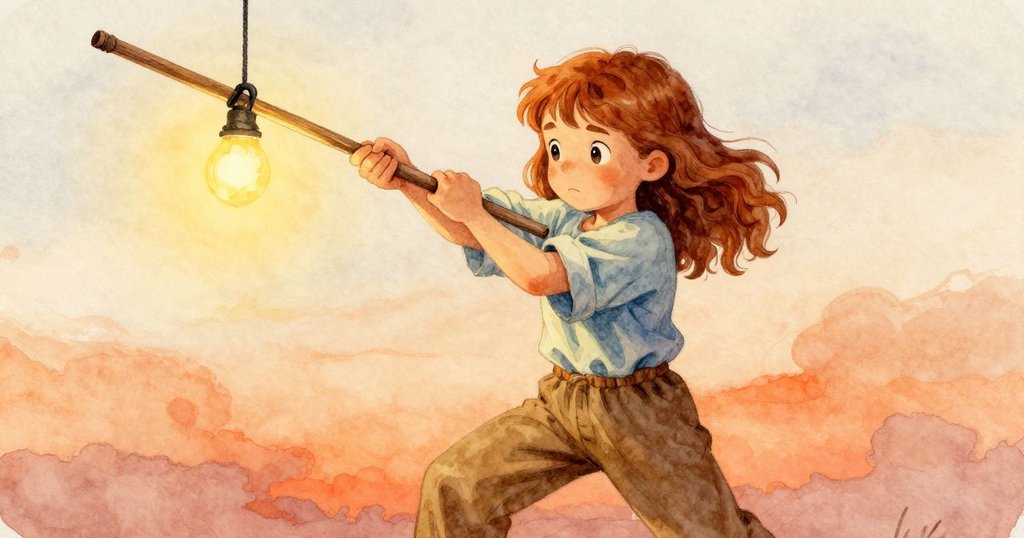 諾拉面臨馬桿被勾住的難題，表情中充滿決心，在溫暖燈光下努力解脫困境，展現堅毅瞬間