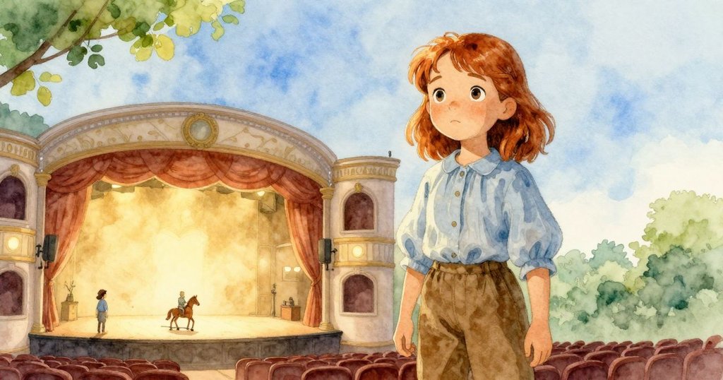 劇院全景展示，諾拉和馬影雖小卻突出，舞台燈光柔和，觀眾剪影隱映，表現出演出圓滿落幕