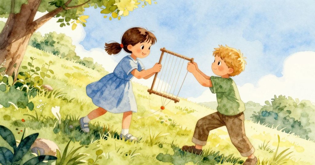 坡上陽光下,Poppy彎腰整理風琴弦,動作專注,環境草木繁茂,故事序幕展開,充滿溫暖與生氣