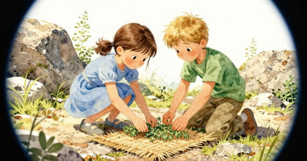 Emil蹲在石上認真編織百里香席,背景隱約見風琴,角度扭曲顯現動態,展現默契合作進程