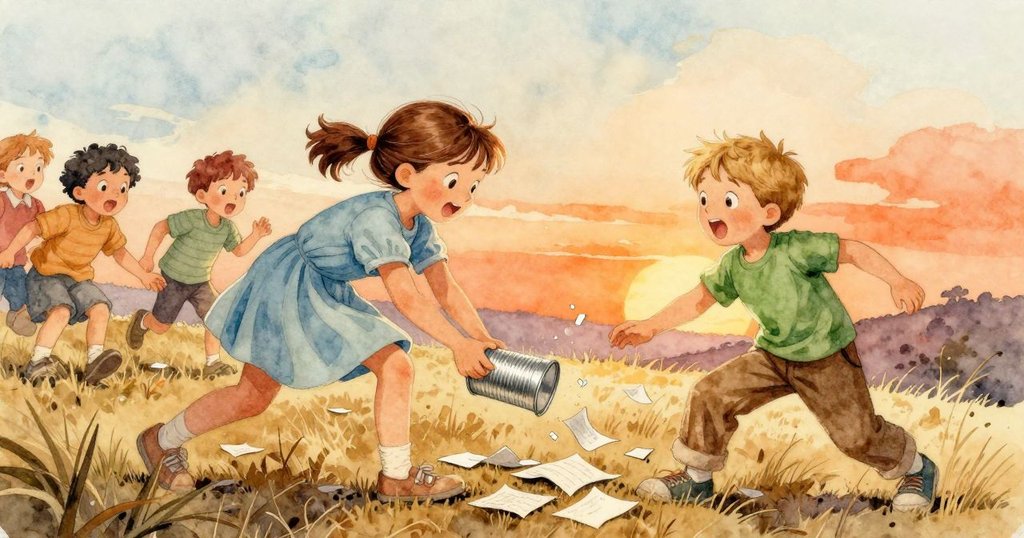 強風吹起金屬罐與散落紙頁,Poppy與Emil驚訝急追,環境中動態轉折明顯,展開冒險高潮情節