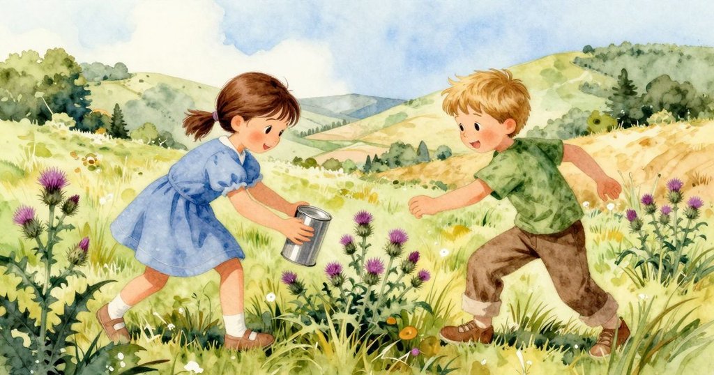 在野薊叢中,Poppy與Emil合力擒住滾動金屬罐,臉上流露著驚喜與決心,情節轉折趨向平穩