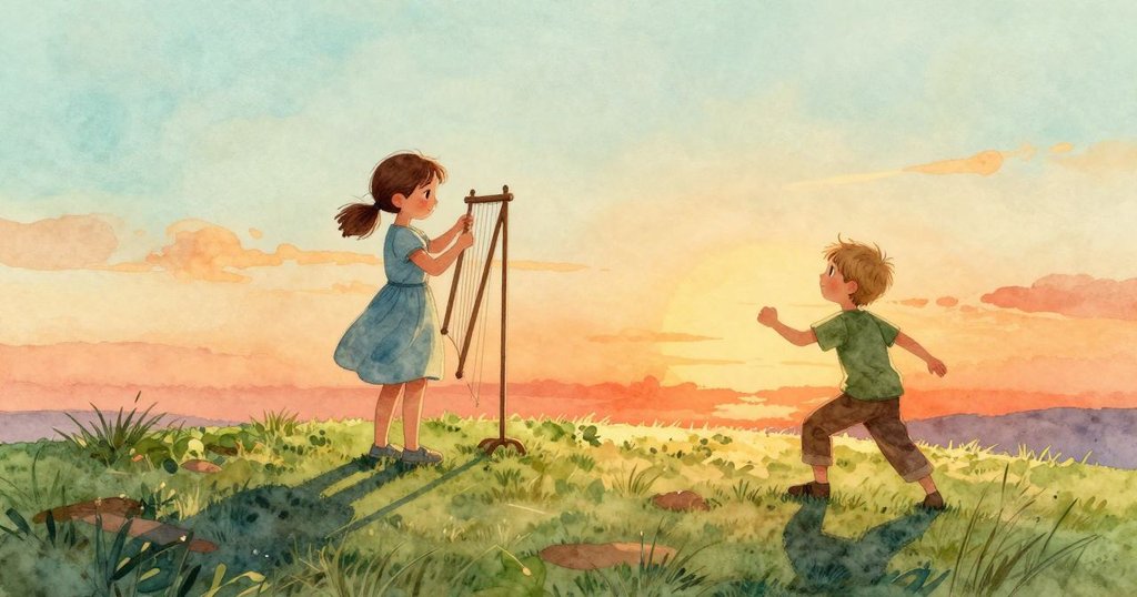 山頂上Poppy細心重繫風琴,Emil凝視著遠方,柔和日落中長影交錯,故事逐步走向平靜結局