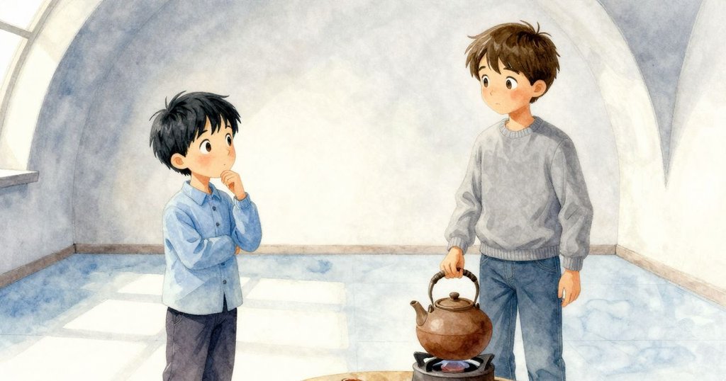 史約克站在門口觀看克魯茲在低桌旁小心平衡陶壺,房間從上方俯視展現出寬敞穩重的氛圍與柔和燈光