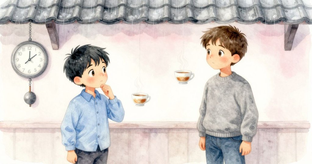 室外細雨拍打屋頂,室內茶杯上蒸氣緩緩上升與鐘擺節奏交織,展現溫馨反思的氣氛