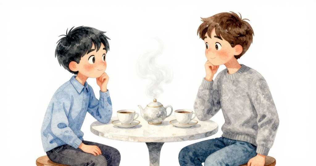 史約克與克魯茲並肩站立交換溫暖微笑,茶桌旁茶煙緩旋,窗外細雨奏響柔和旋律,情感溫馨落幕