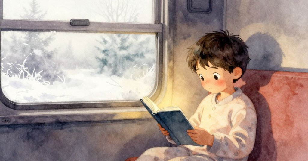 格里夫在火車臥鋪中啟動燈光，臉上帶著期待，室內溫暖與窗外微霧交織，展現夜晚寧靜開端。