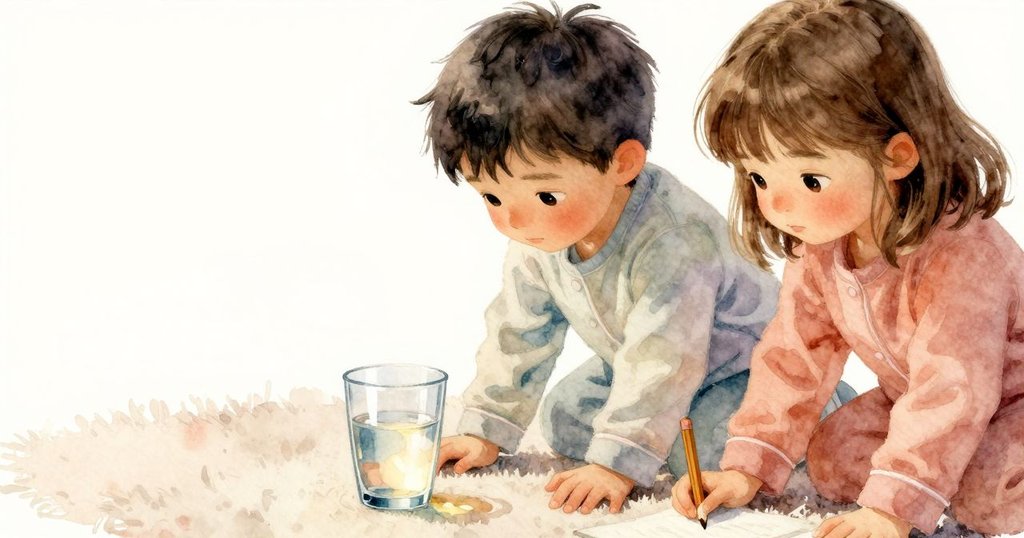 桌上鉛筆滾落與水杯微傾，暖燈映出細膩動態，捕捉到火車艙內溫馨中的小插曲。