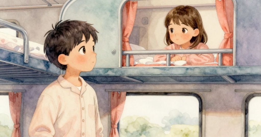 哈麗雅特在上層臥鋪中輕聲呼喚，火車車廂內燈光柔和，時間流逝中彼此心意默契。