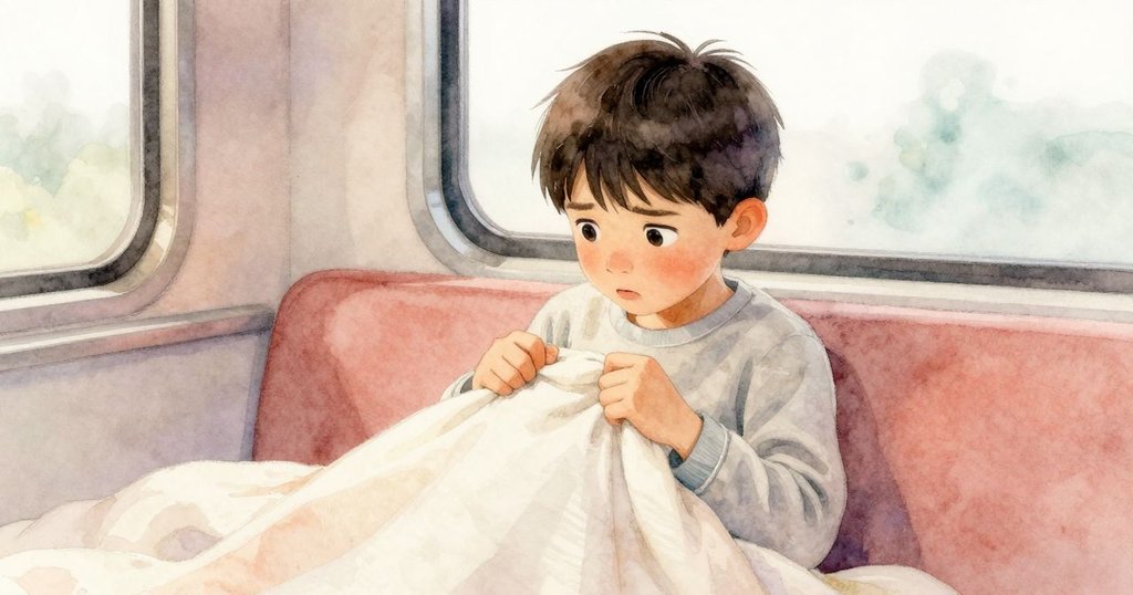 格里夫在下層臥鋪中緊握毛毯，神情顯得有些焦慮，內心糾結隨著火車節奏變化流露無遺。