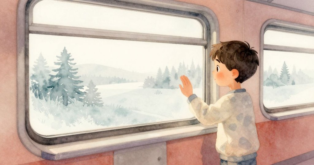 格里夫輕觸窗上精美霜花，拇印留痕，窗外鄉村輪廓緩緩移動，營造出溫柔平和的結局。