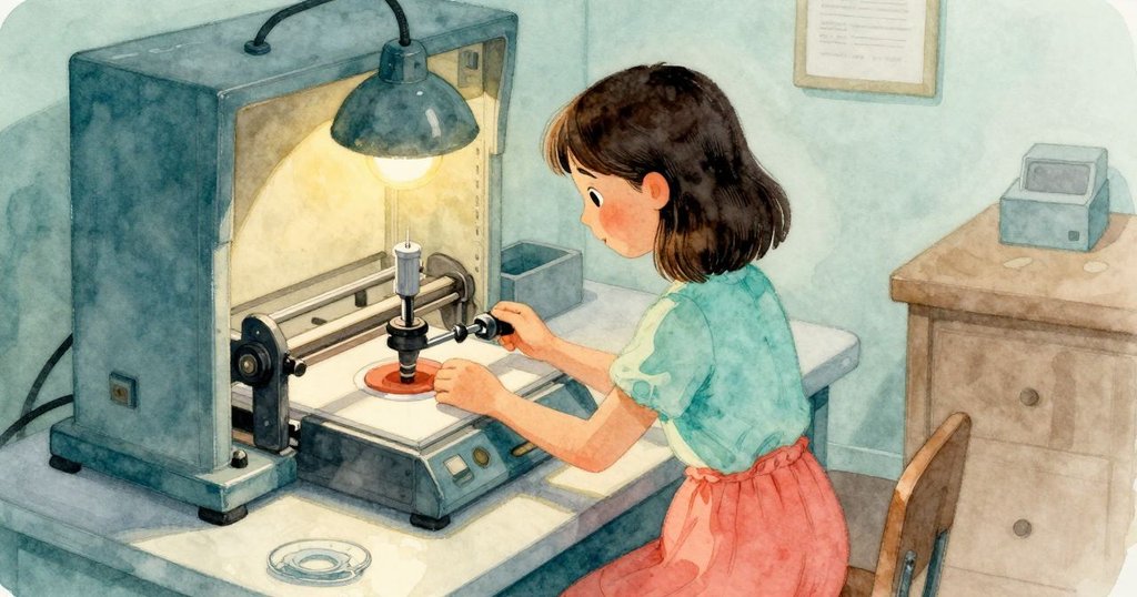 Hollis在暗房中操作放大機，周圍擺滿器材與紙張，充滿專注與忙碌感