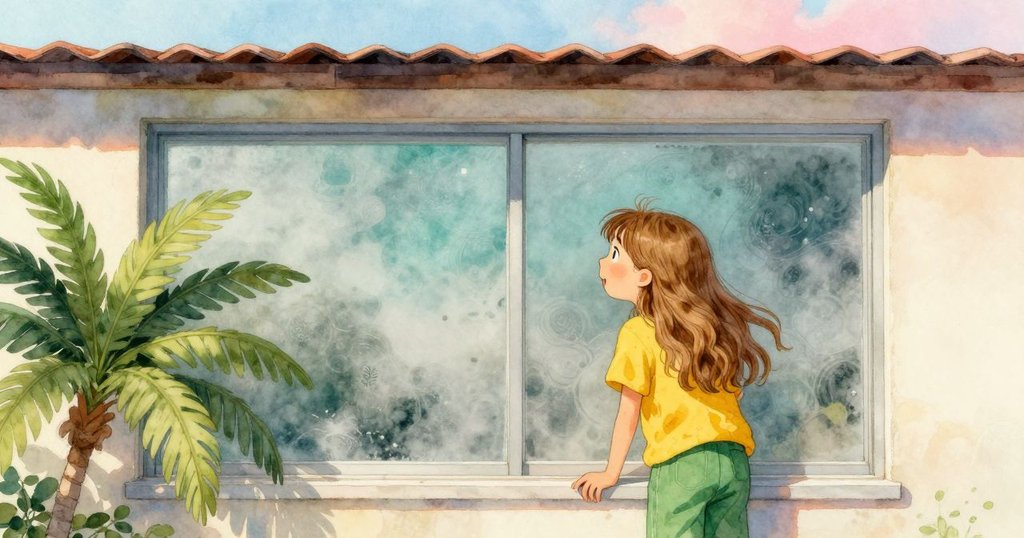 Flora透過稍霧的窗戶凝視外面屋頂與天空的平衡，展現沉思與欣賞的神情