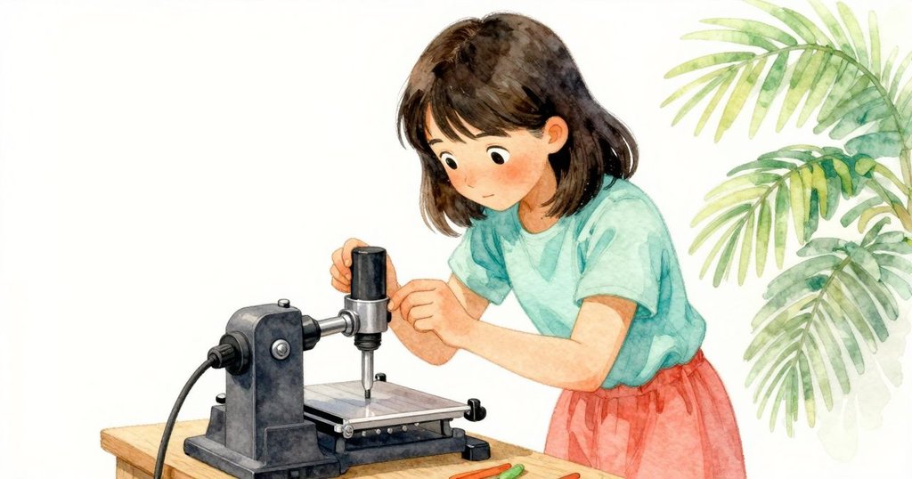 Hollis專注調整放大機頭部，臉上堅毅表情與努力對抗機械抵抗，展現解決問題的態度