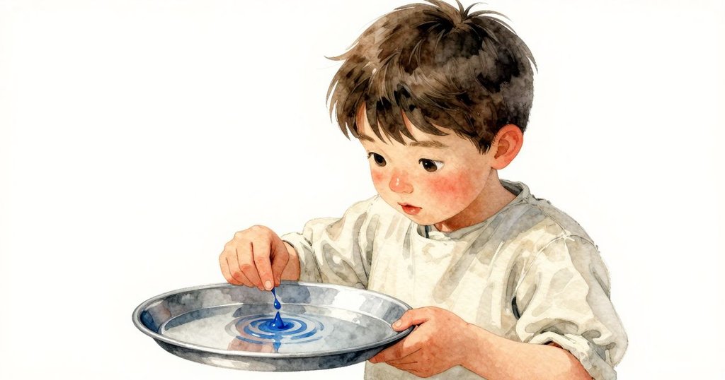 Tess凝視金屬托盤上形成藍色漣漪的畫滴，旁有小雀輕棲，場景表現專注創作瞬間