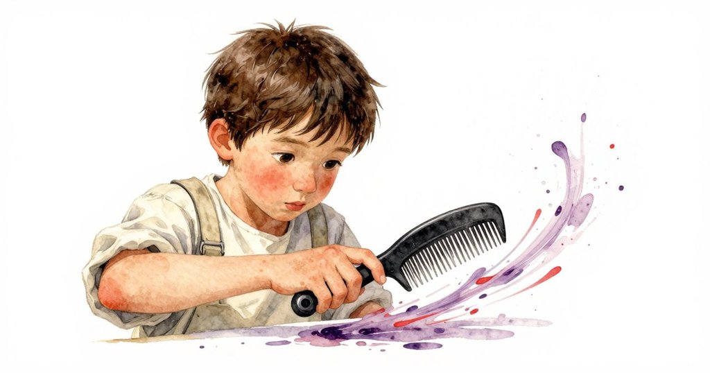 Tess輕撥齒梳於濕潤畫面上，激盪出淡紫與深紅流動紋理，展現創作中瞬間動感與韻律