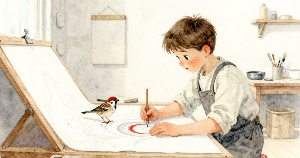 完成印花作品懸掛晾曬，Tess靜觀心滿意足，旁邊小雀安坐，冷暖光影交織呈現創作結局