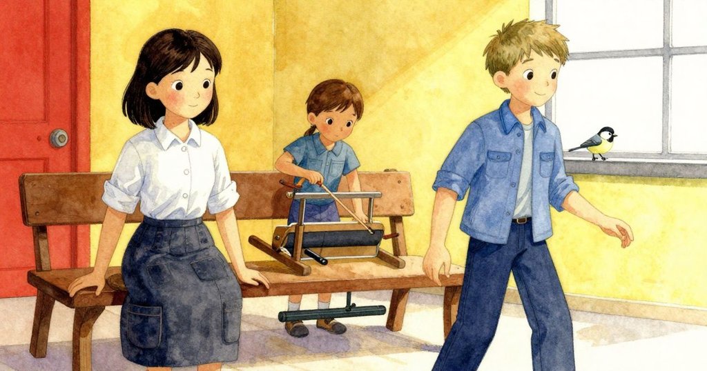 Zinnia坐於工作臺前聚精會神,芬恩操控踏板,窗邊小鳥啁啾,層次豐富展現和諧節奏