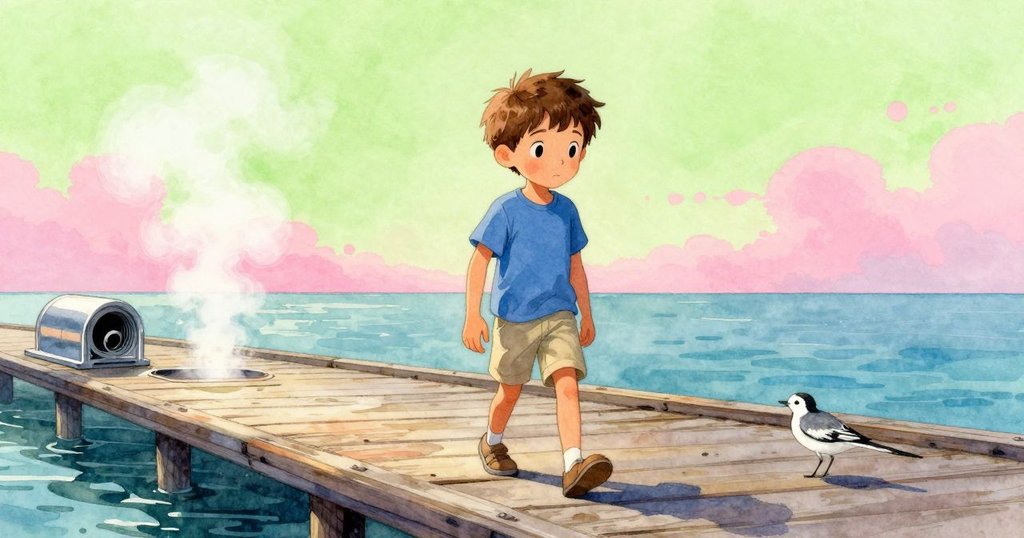 歐文在木板路上走路,觀察冒著蒸氣的排氣孔和跳躍的黃嘴鳥,神情沉思,場景寧靜而充滿期待。